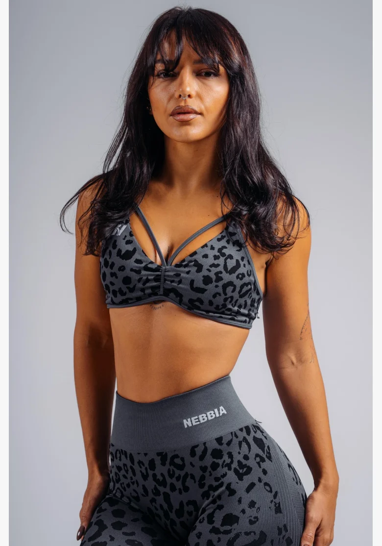 NEBBIA Medium support sports bra with leopard pattern PRIMAL black