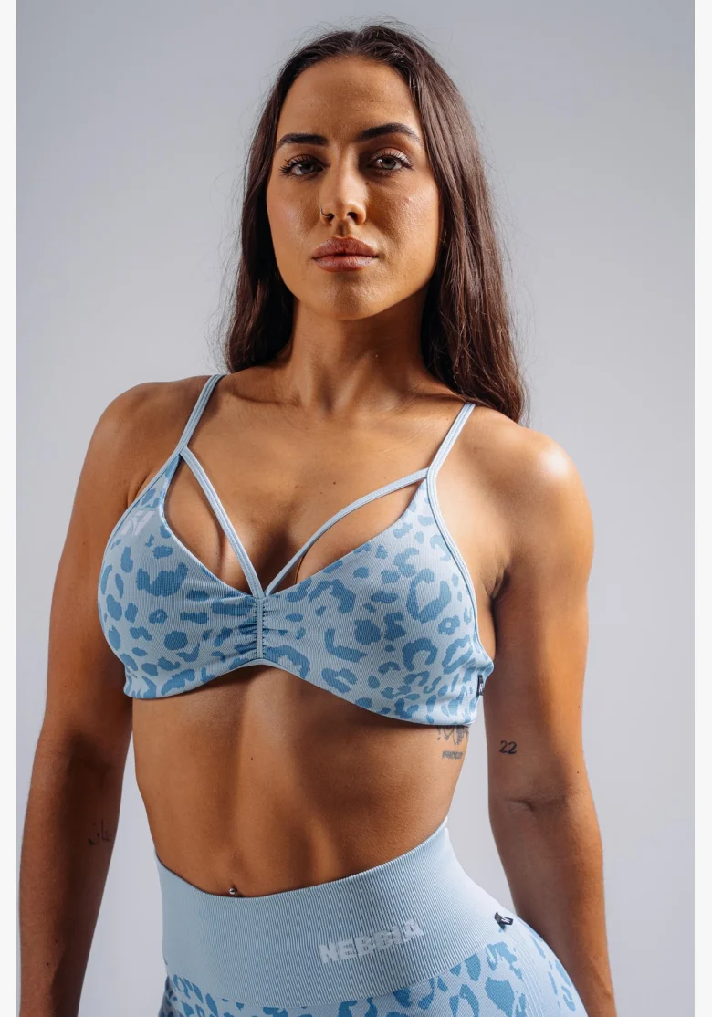 NEBBIA Medium support sports bra with leopard pattern PRIMAL blue