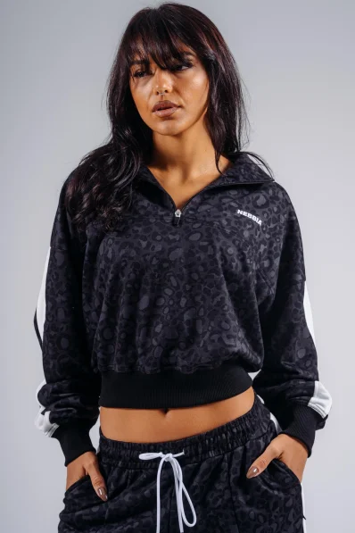 NEBBIA Half-zip sweatshirt with leopard pattern PRIMAL black
