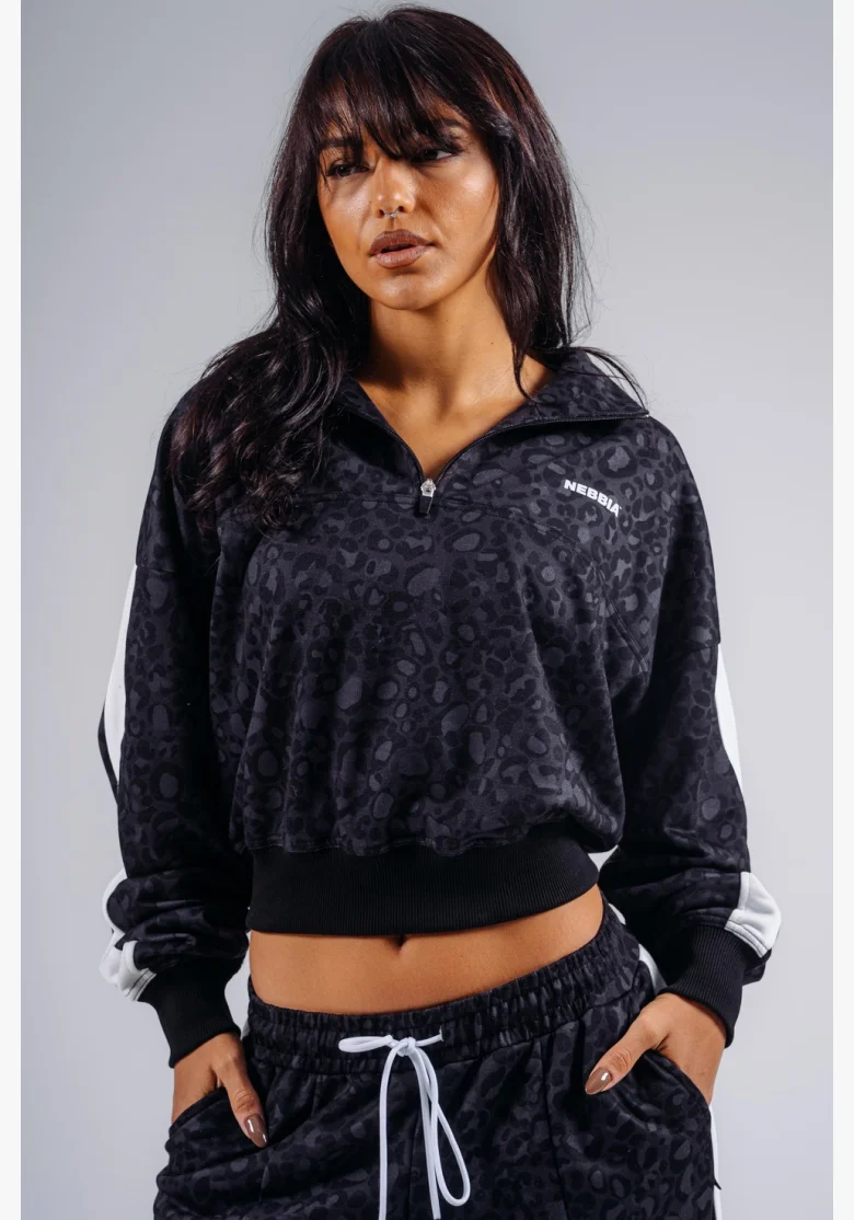 NEBBIA Half-zip sweatshirt with leopard pattern PRIMAL black