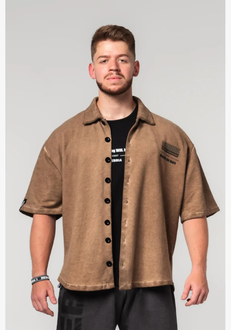 NEBBIA • NEBBIA Washed-off oversized shirt 90s THROWBACK light brown • Nebshop.cz