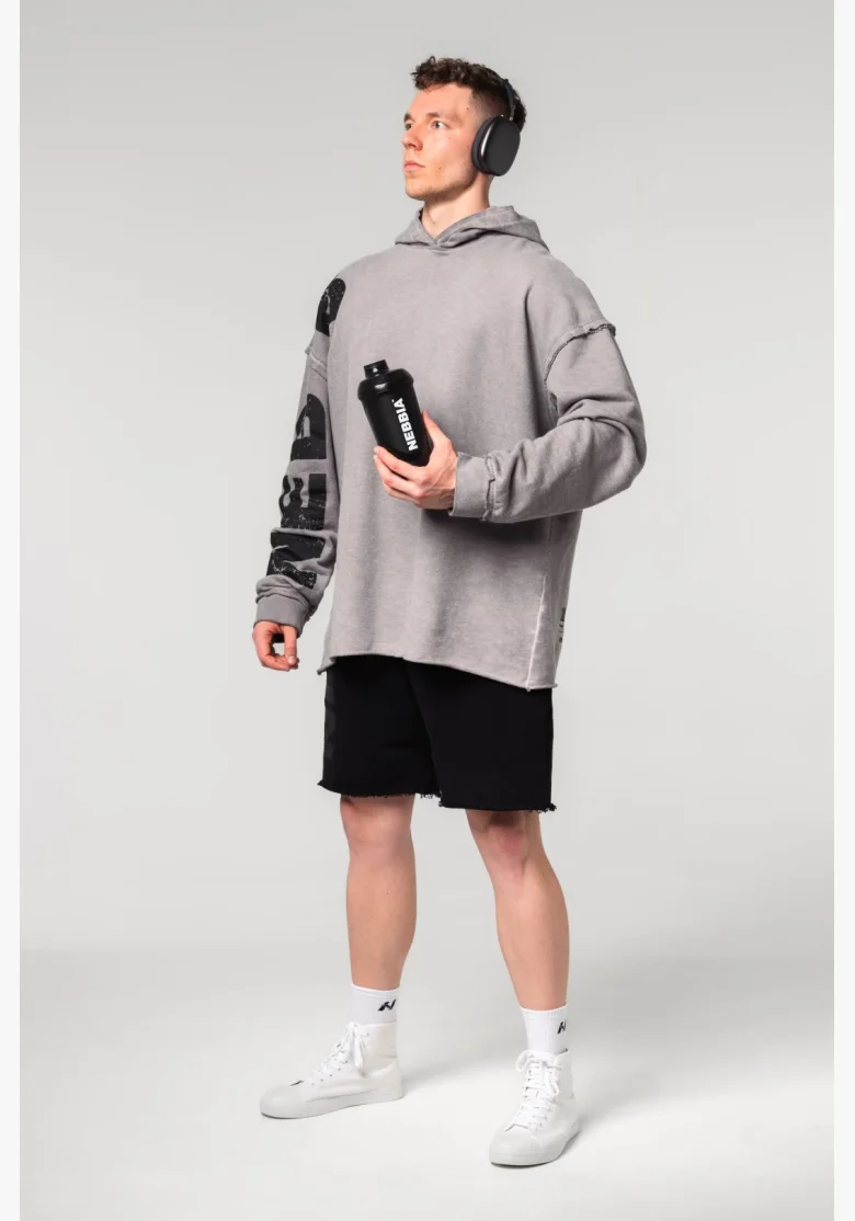 NEBBIA • NEBBIA Washed-off oversized hoodie with hood NO BS gray • Nebshop.cz