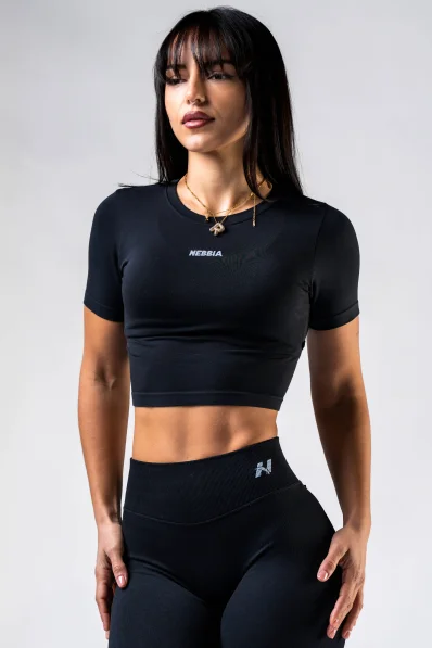 NEBBIA Seamless crop top with short sleeves POWER black