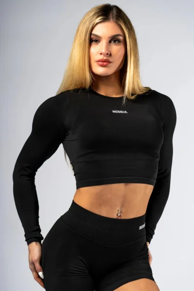 NEBBIA Seamless crop top with long sleeves POWER black