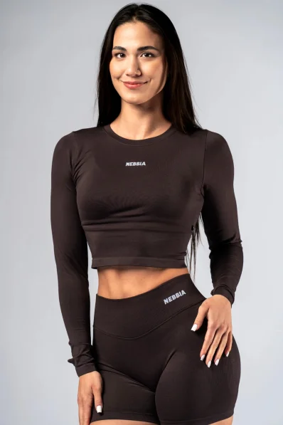NEBBIA Seamless crop top with long sleeves POWER brown